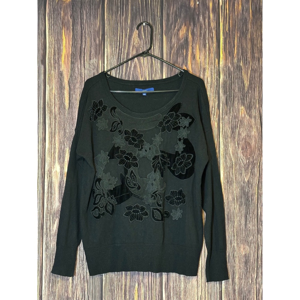 APT 9 Sweater Top Womens L Black Floral Embroidery Long Sleeve Pullover